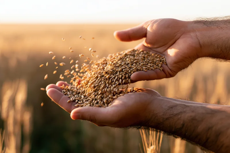 Hands releasing wheat grains over a field at sunset