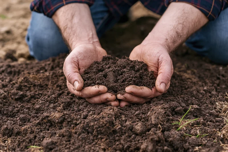 Man holding rich dark soil in his hands while kneeling in a garden field