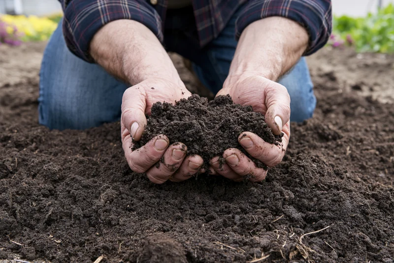 Hands holding rich dark soil in a garden bed