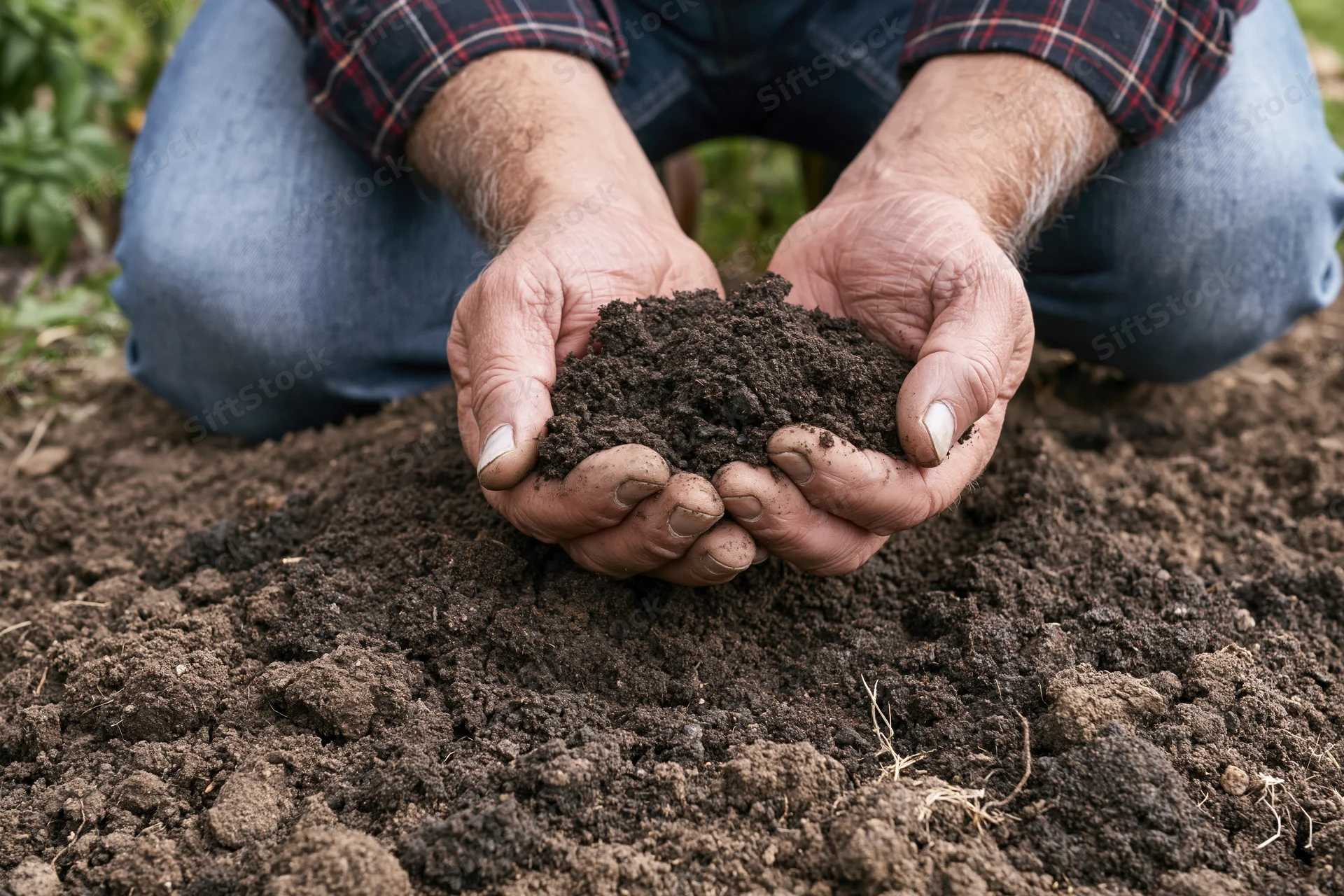 Hands holding rich dark soil in a garden bed