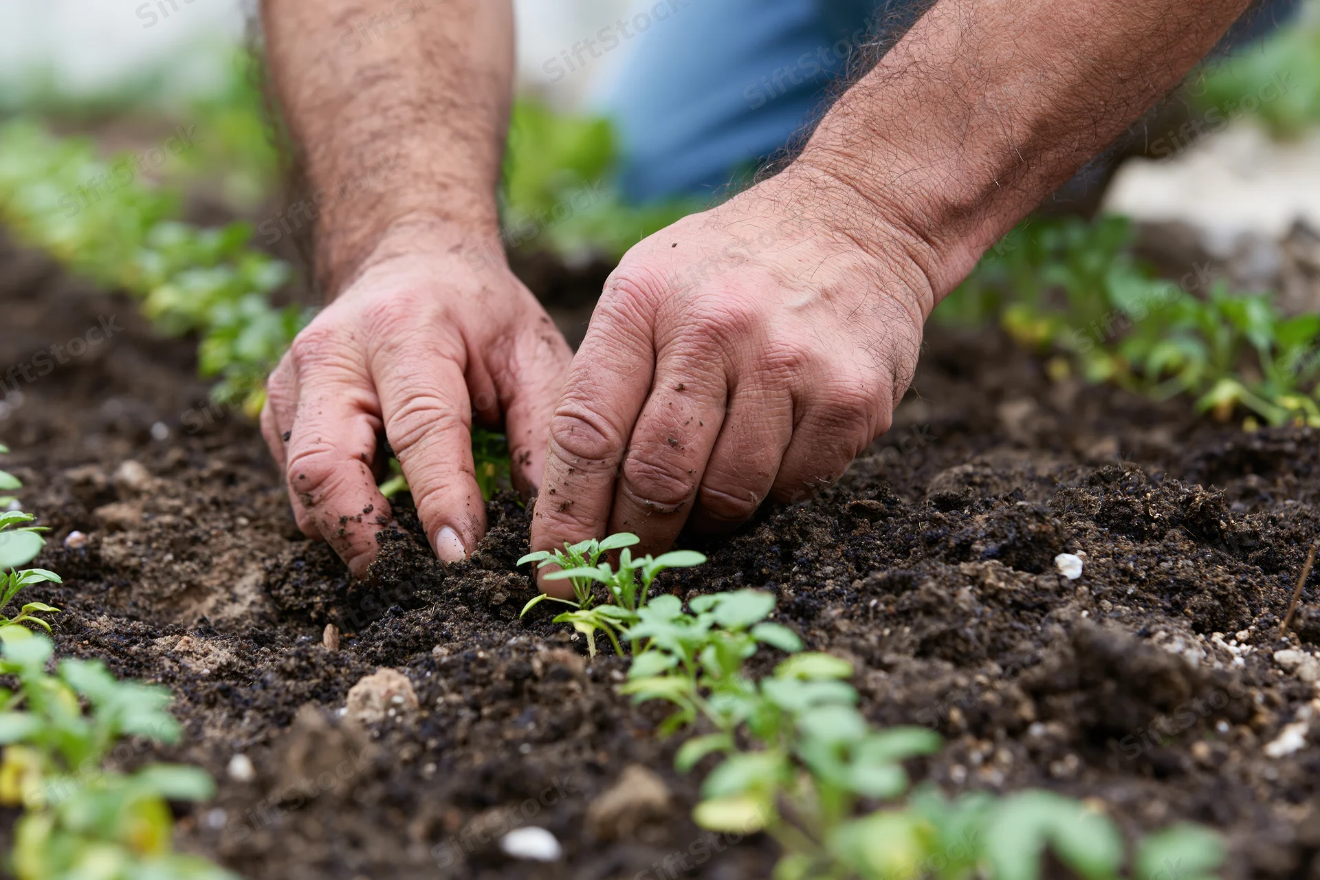 Man’s hands planting seedlings in soil in a garden
