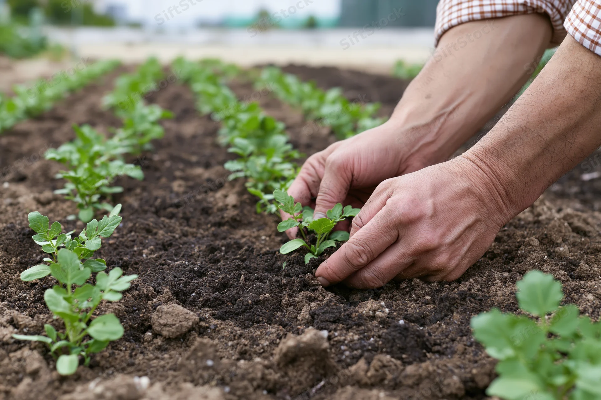 Hands planting seedlings in rows of soil in a garden