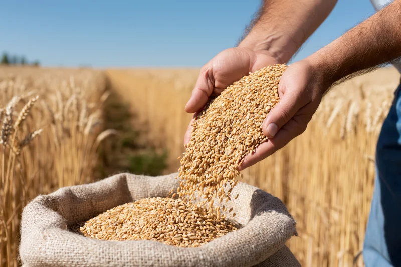 Farmer's hands pouring wheat grains into a burlap sack in a golden field