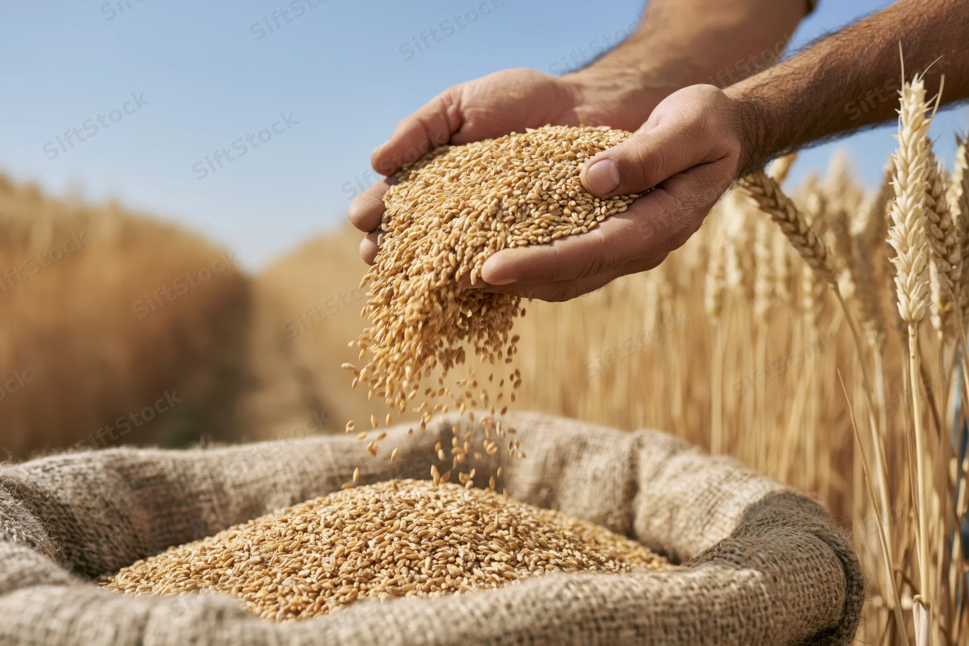 Farmer's hands pouring wheat grains into a burlap sack in a golden field
