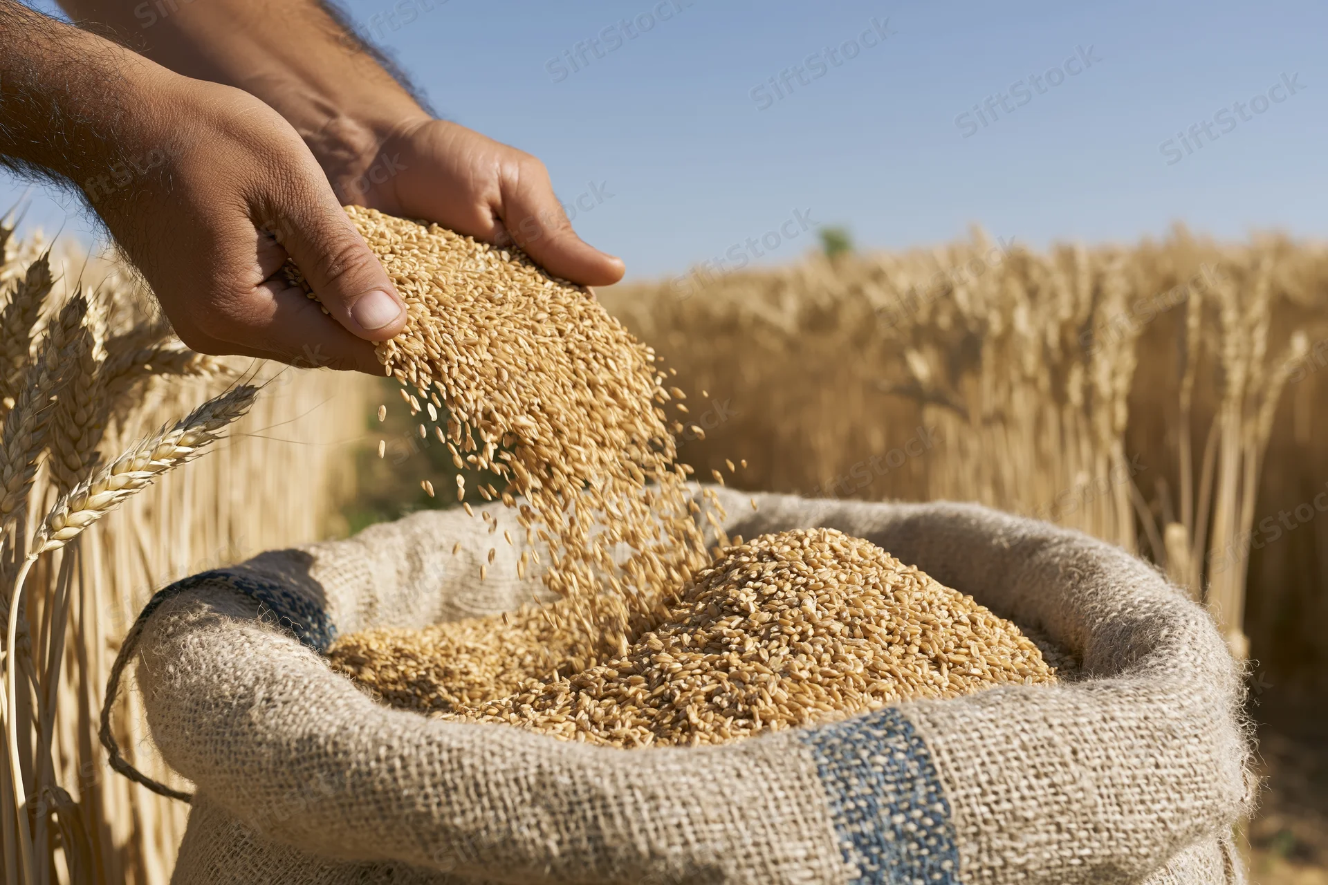 Hands pouring wheat grains into a burlap sack in a golden field