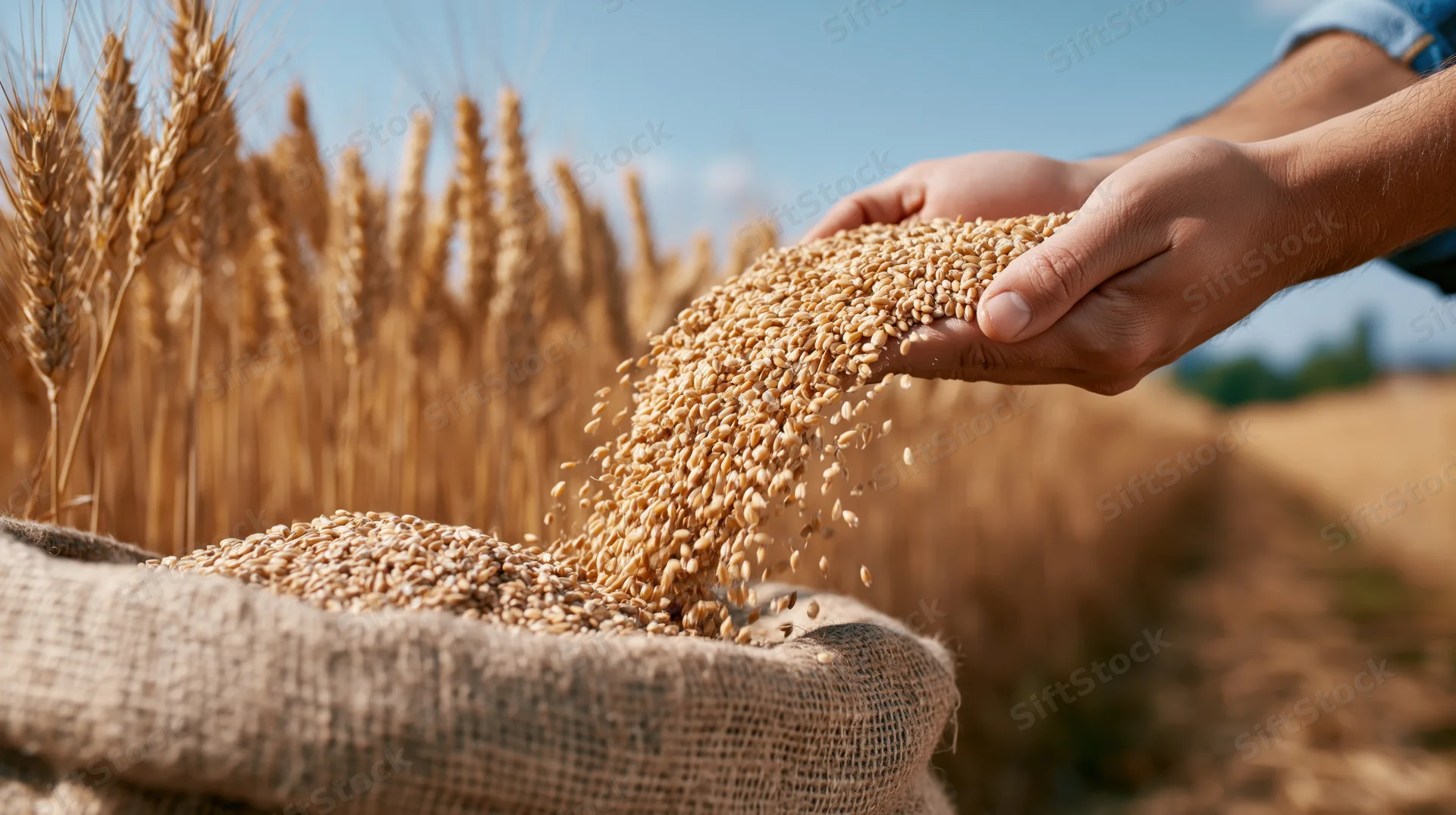 Hands pouring wheat grains into a burlap sack in a golden field