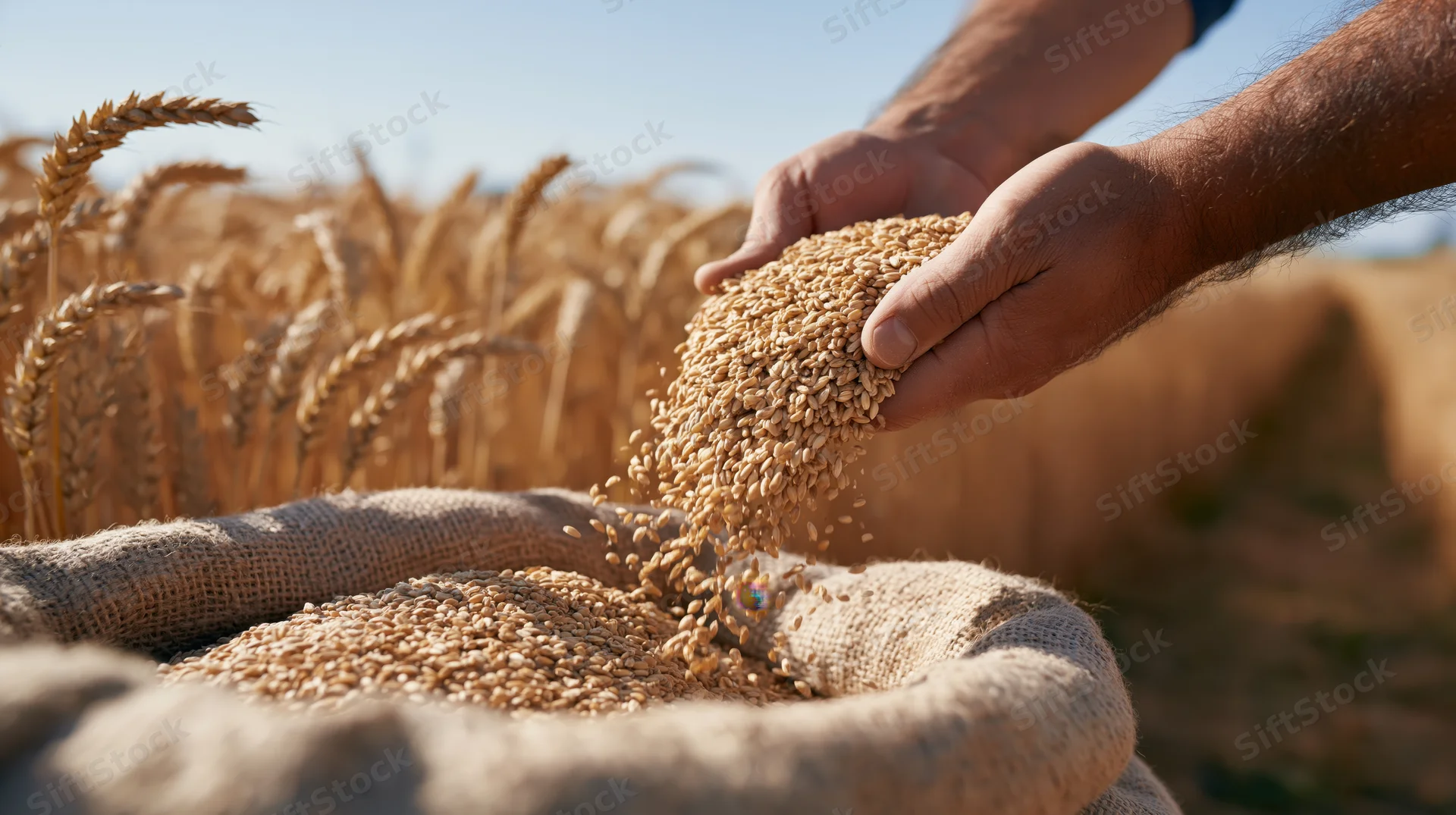 Hands pouring wheat grains into a burlap sack in a golden field