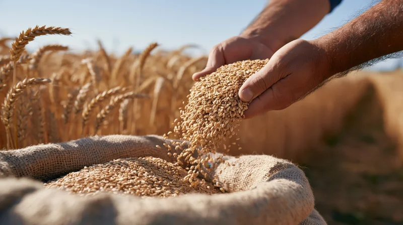 Hands pouring wheat grains into a burlap sack in a golden field
