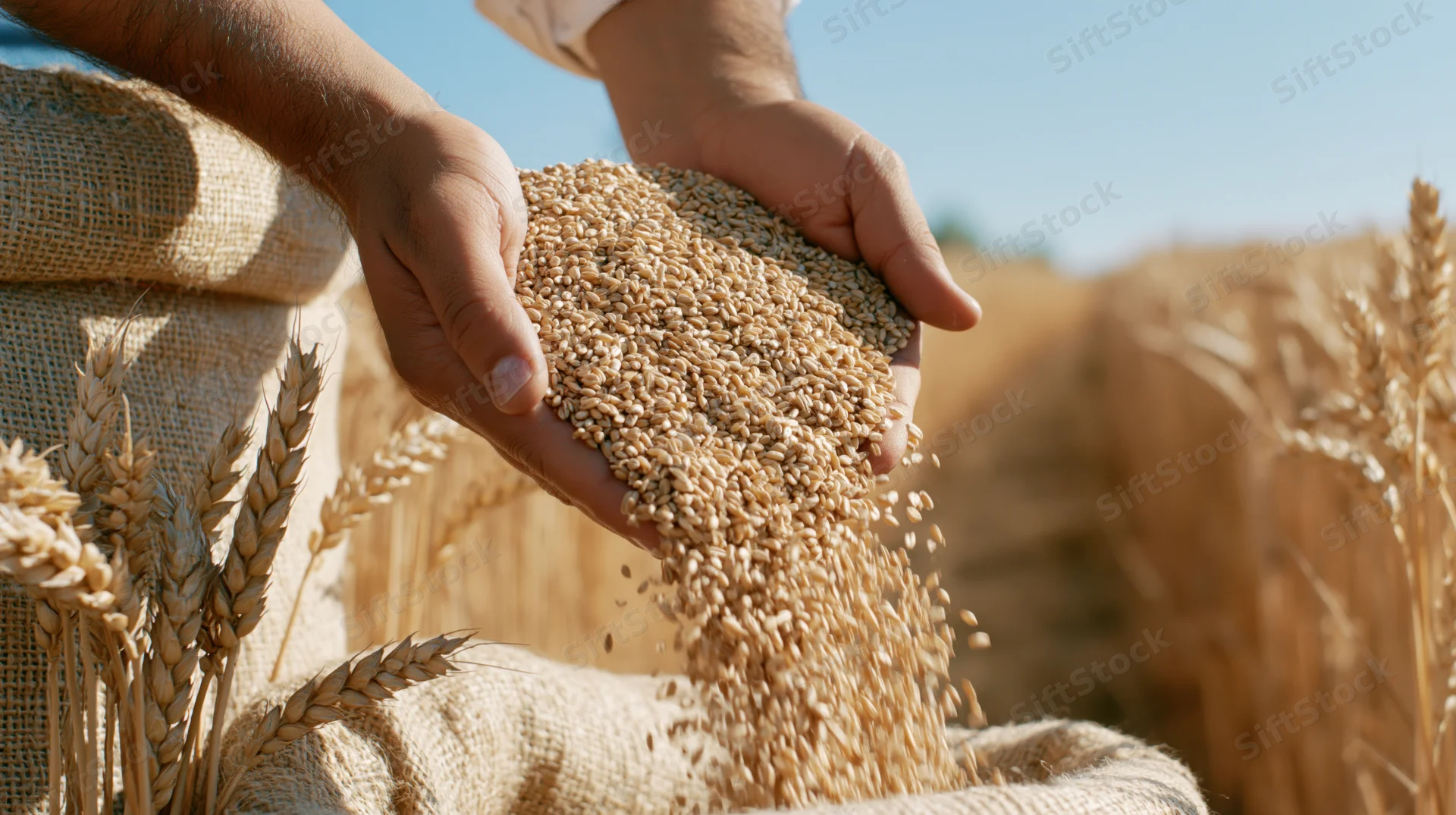 Farmer's hands pouring wheat grains into a burlap sack in a sunlit field