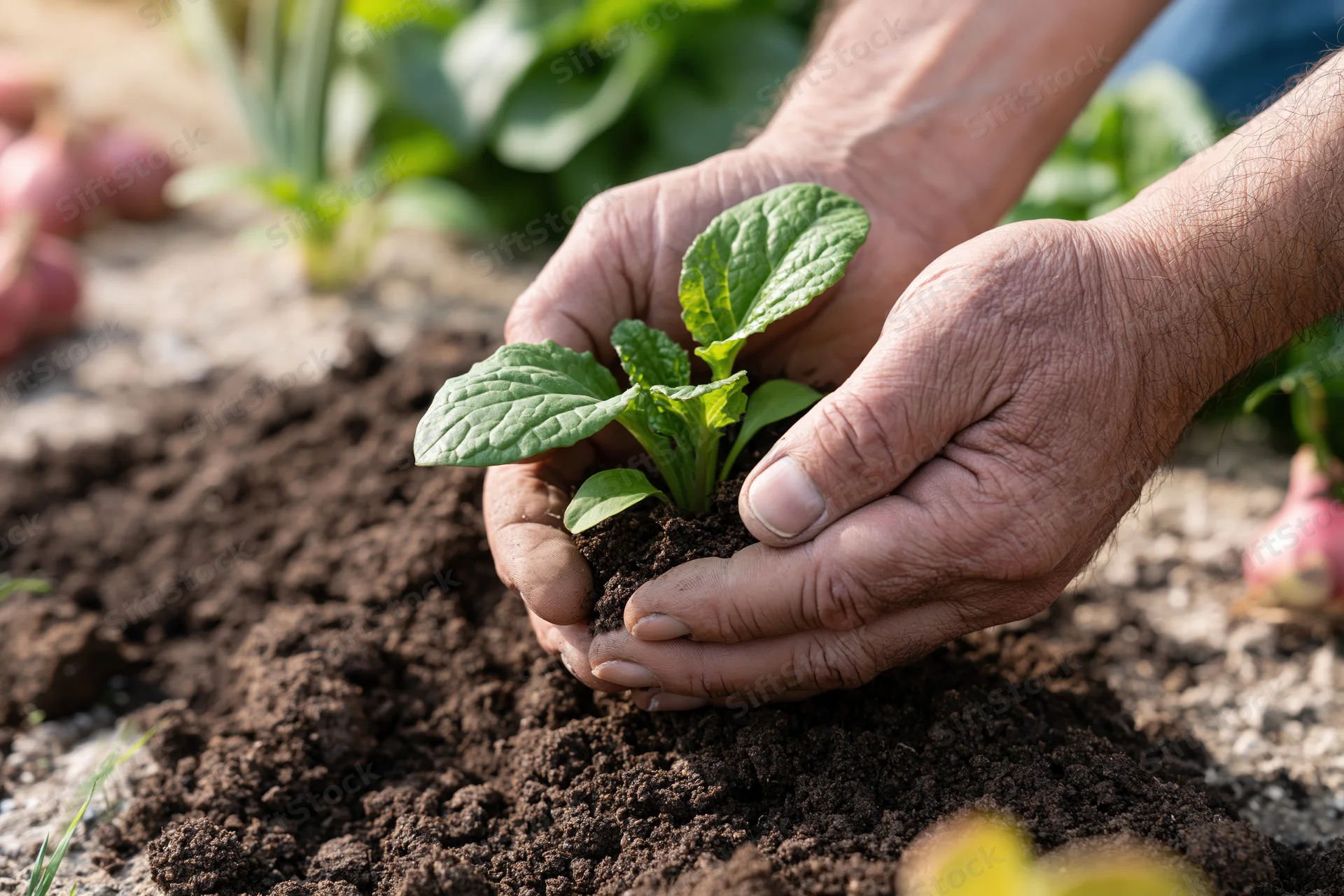 Weathered hands planting a green seedling in rich soil outdoors