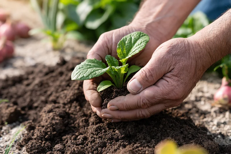 Weathered hands planting a green seedling in rich soil outdoors