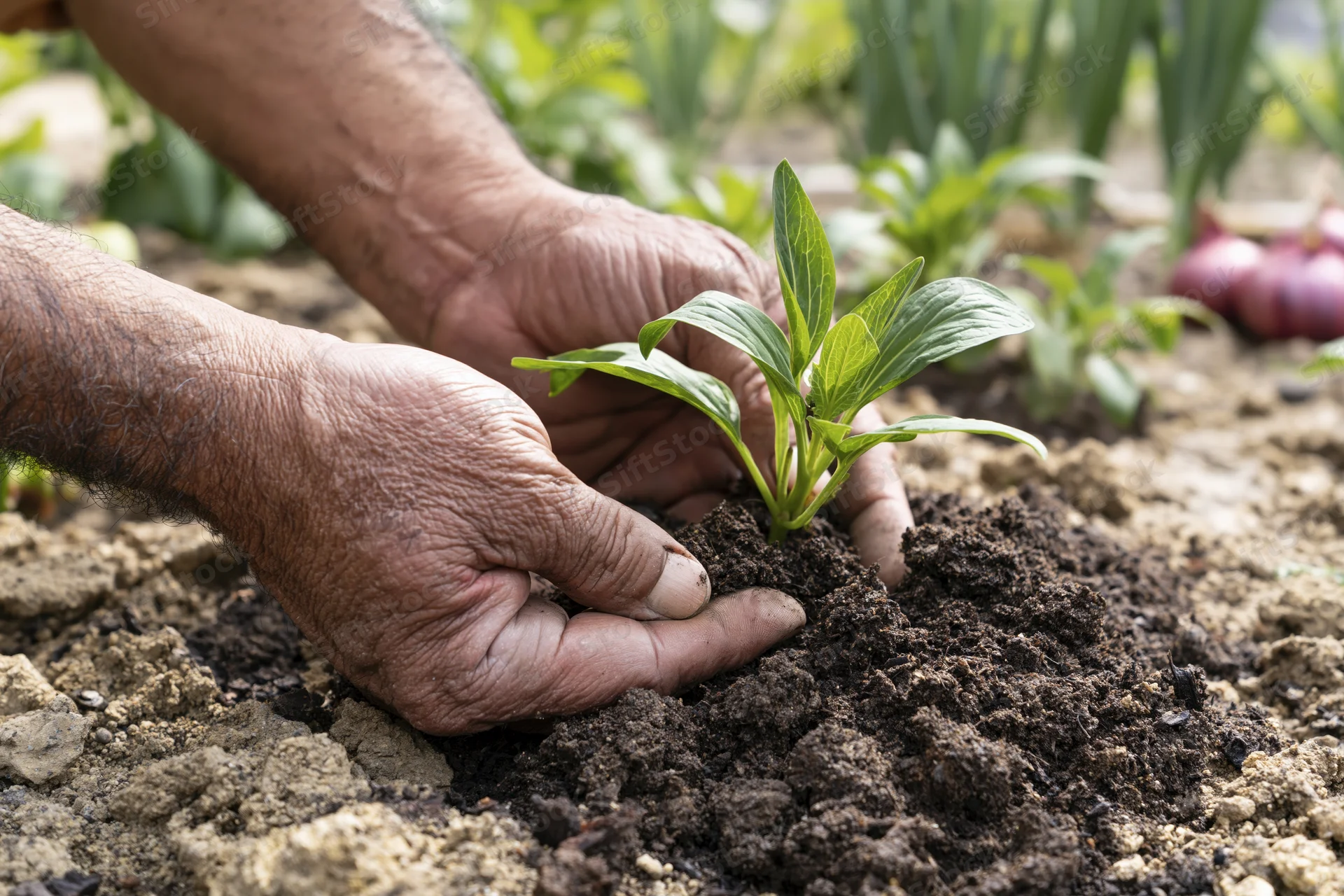 Weathered hands planting a seedling in soil in a garden