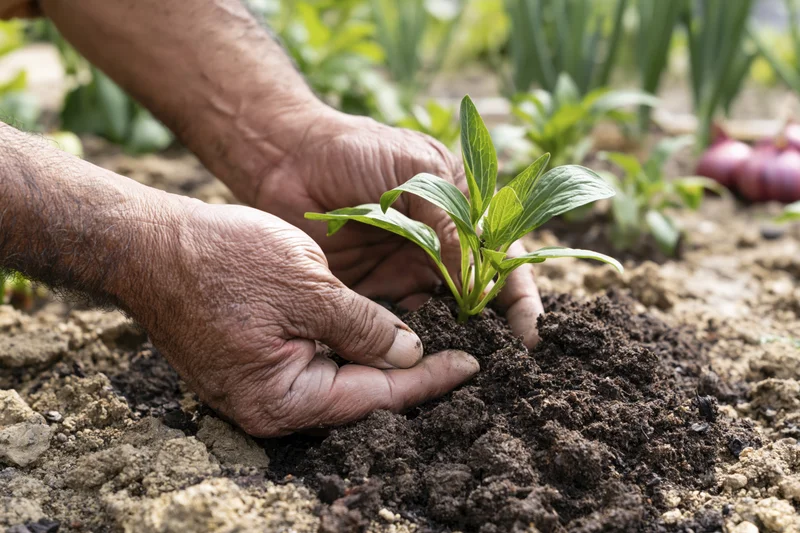 Weathered hands planting a seedling in soil in a garden