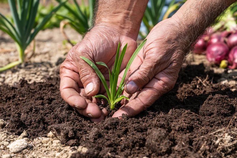 Weathered hands planting a green sprout in dark soil in a garden bed