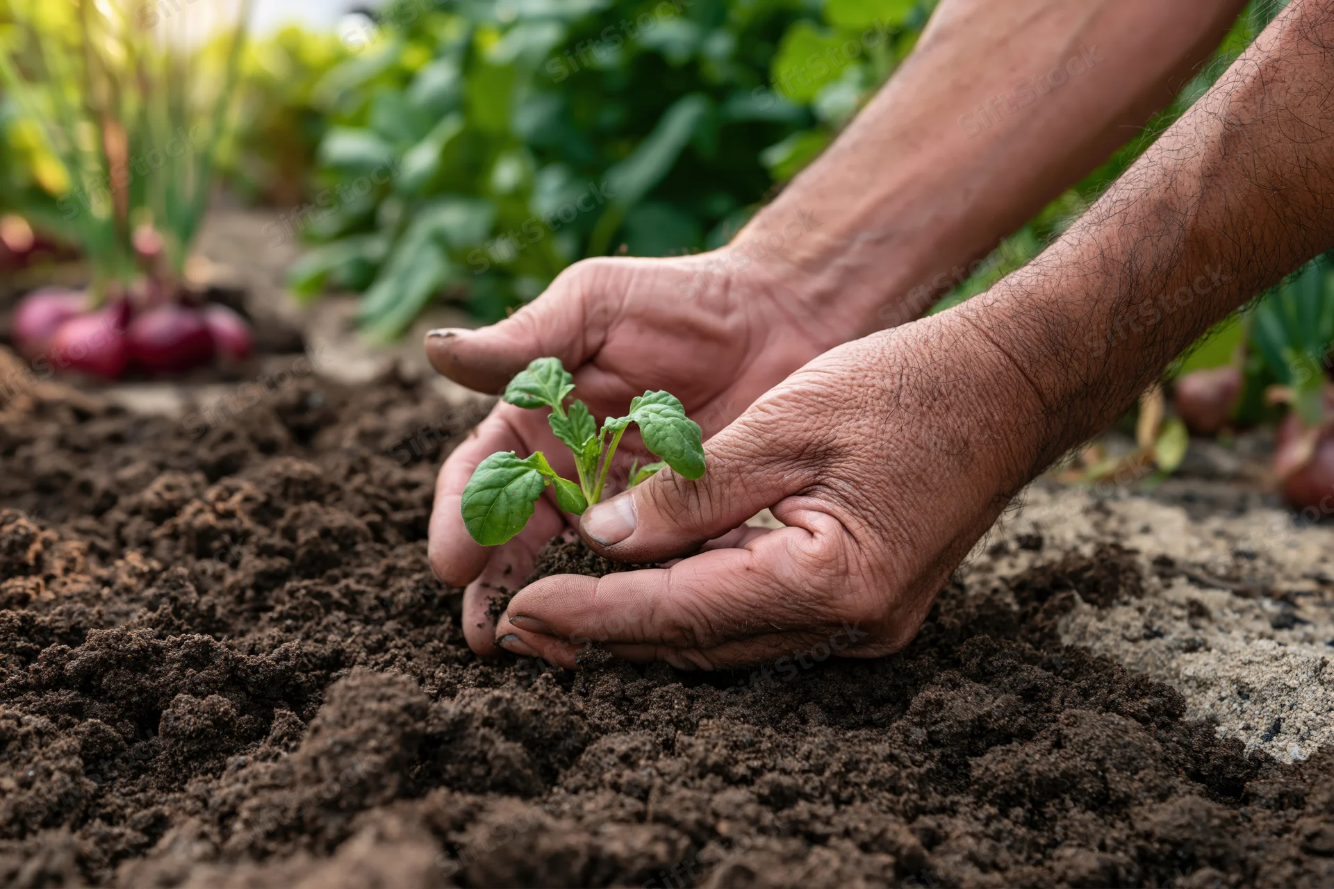 Weathered hands planting a small green seedling in rich soil in a garden