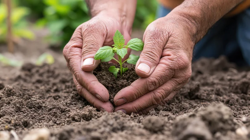 Weathered hands planting a small green seedling in rich soil outdoors