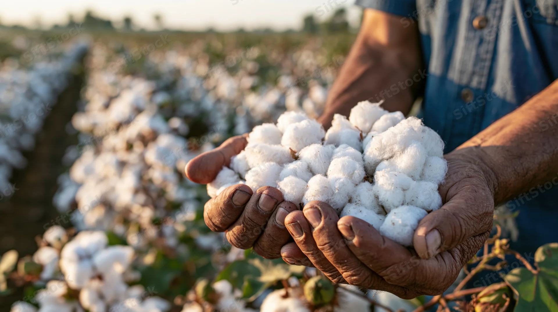 Weathered hands holding cotton bolls in a field at golden hour