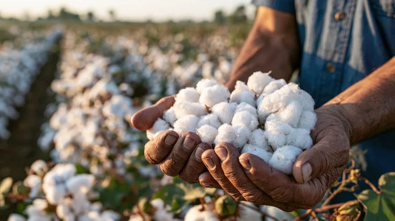Weathered hands holding cotton bolls in a field at golden hour