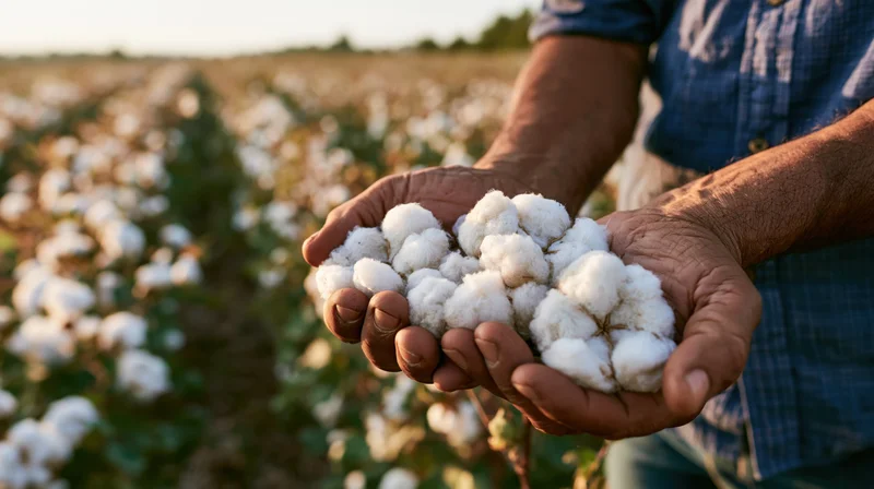 Weathered hands holding cotton bolls in a field at golden hour