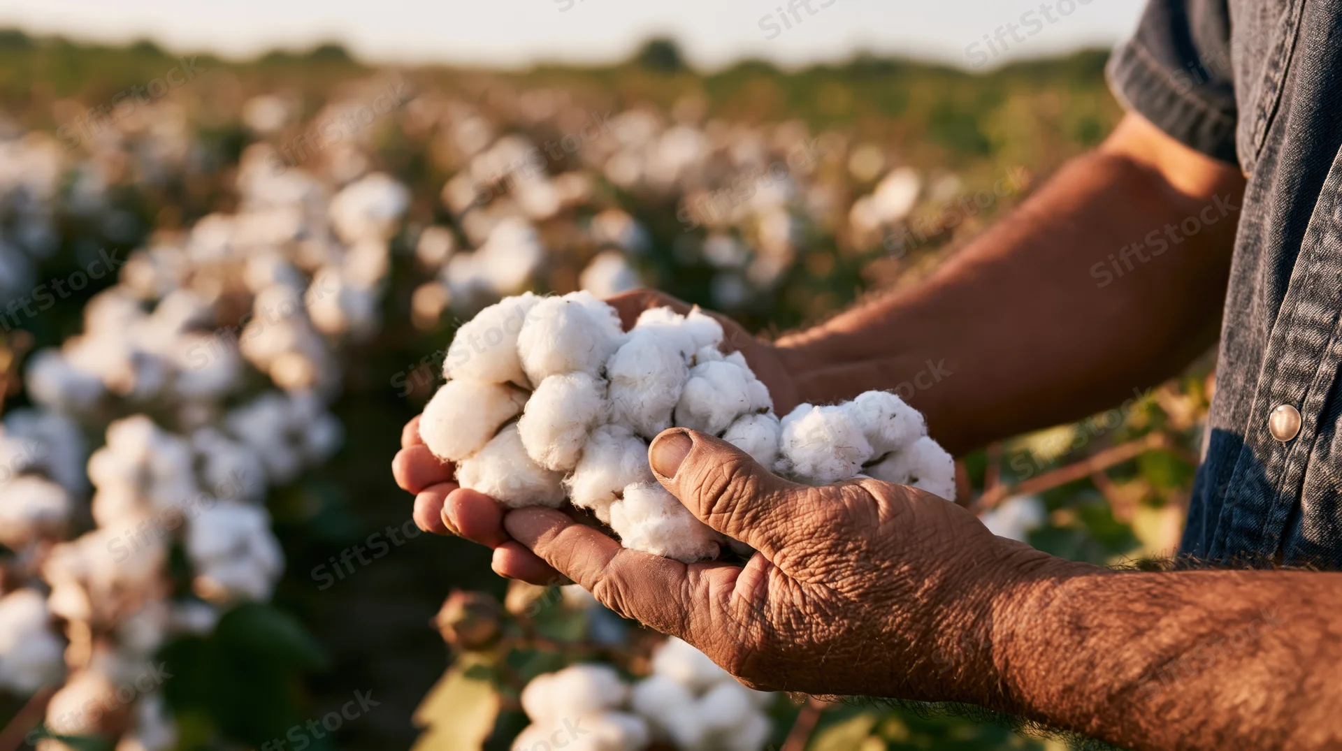 Weathered hands holding cotton bolls in a field at golden hour