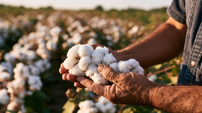 Weathered hands holding cotton bolls in a field at golden hour