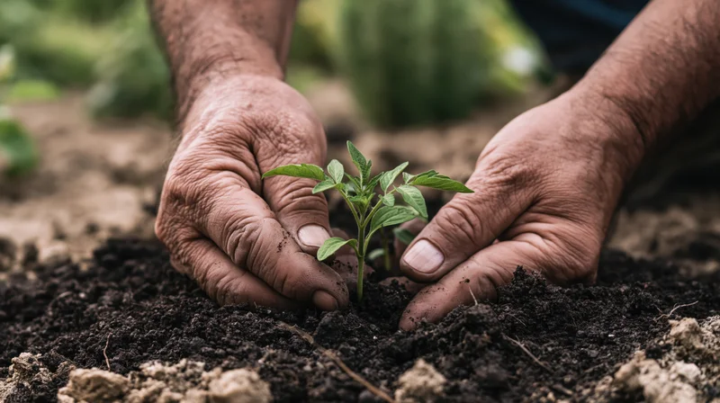 Weathered hands planting a small green seedling in dark soil
