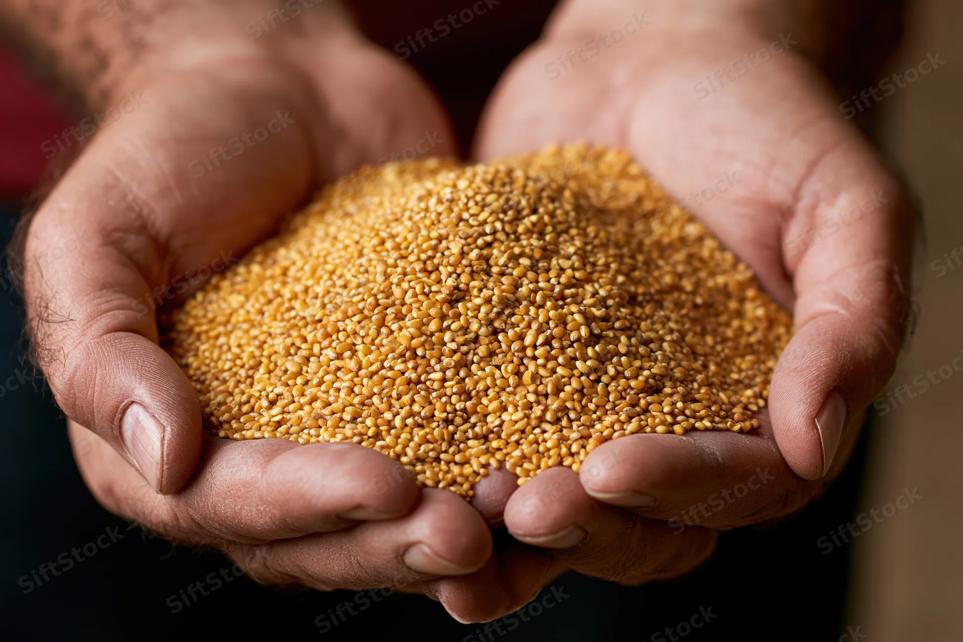 Weathered hands cupping golden wheat grains in a close-up view