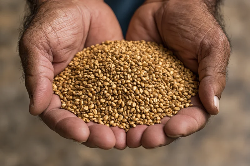 Weathered hands holding a handful of golden wheat grains