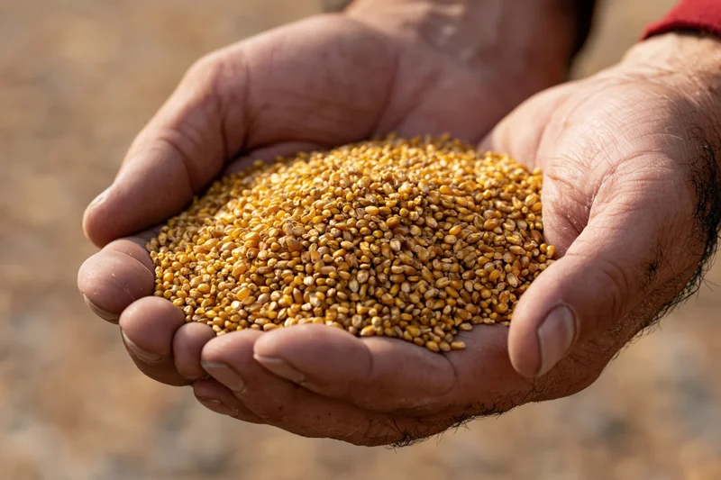 Weathered hands holding a pile of dried corn kernels outdoors