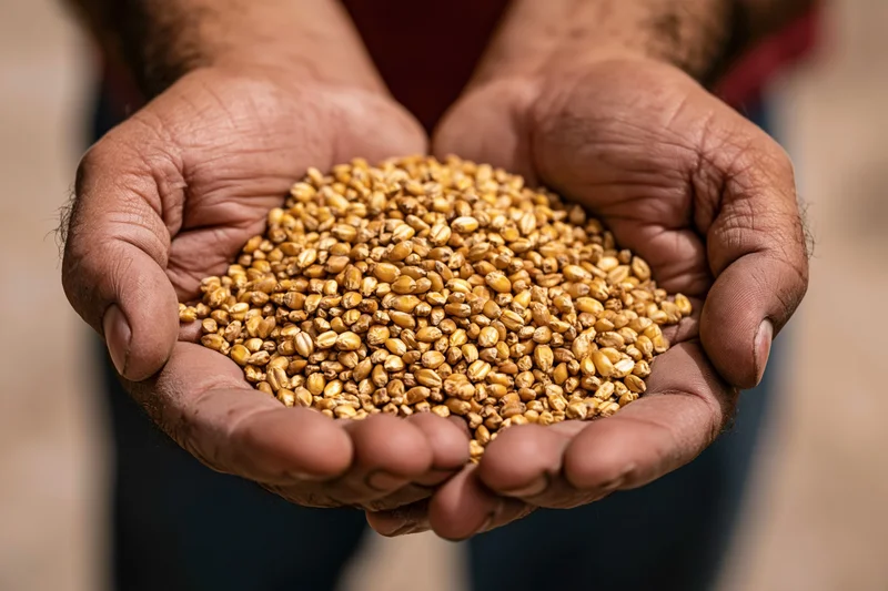 Weathered hands holding a handful of golden wheat grains