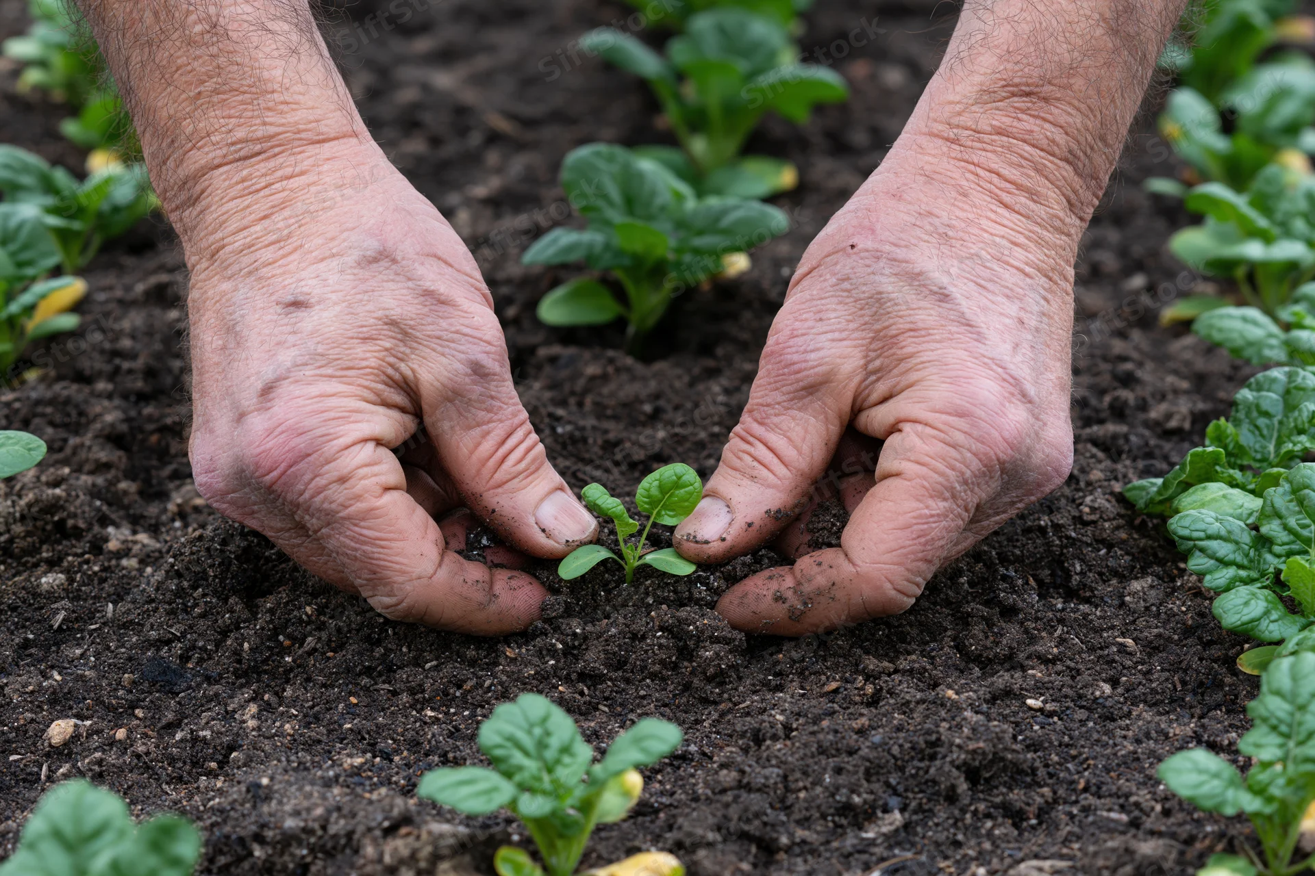 Weathered hands planting small green seedlings in dark soil among rows of young plants