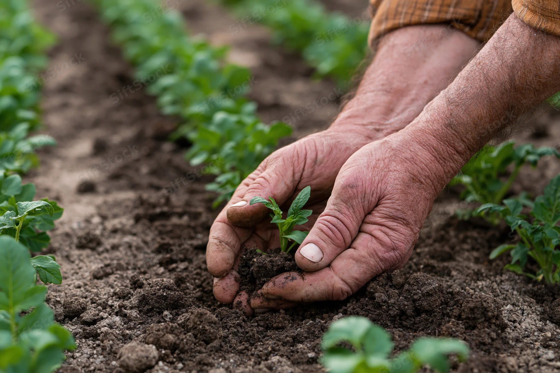 Weathered hands planting a small green seedling in dark soil among rows of crops in a field