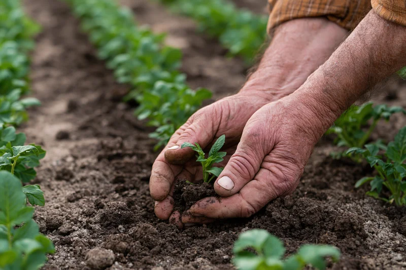 Weathered hands planting a small green seedling in dark soil among rows of crops in a field