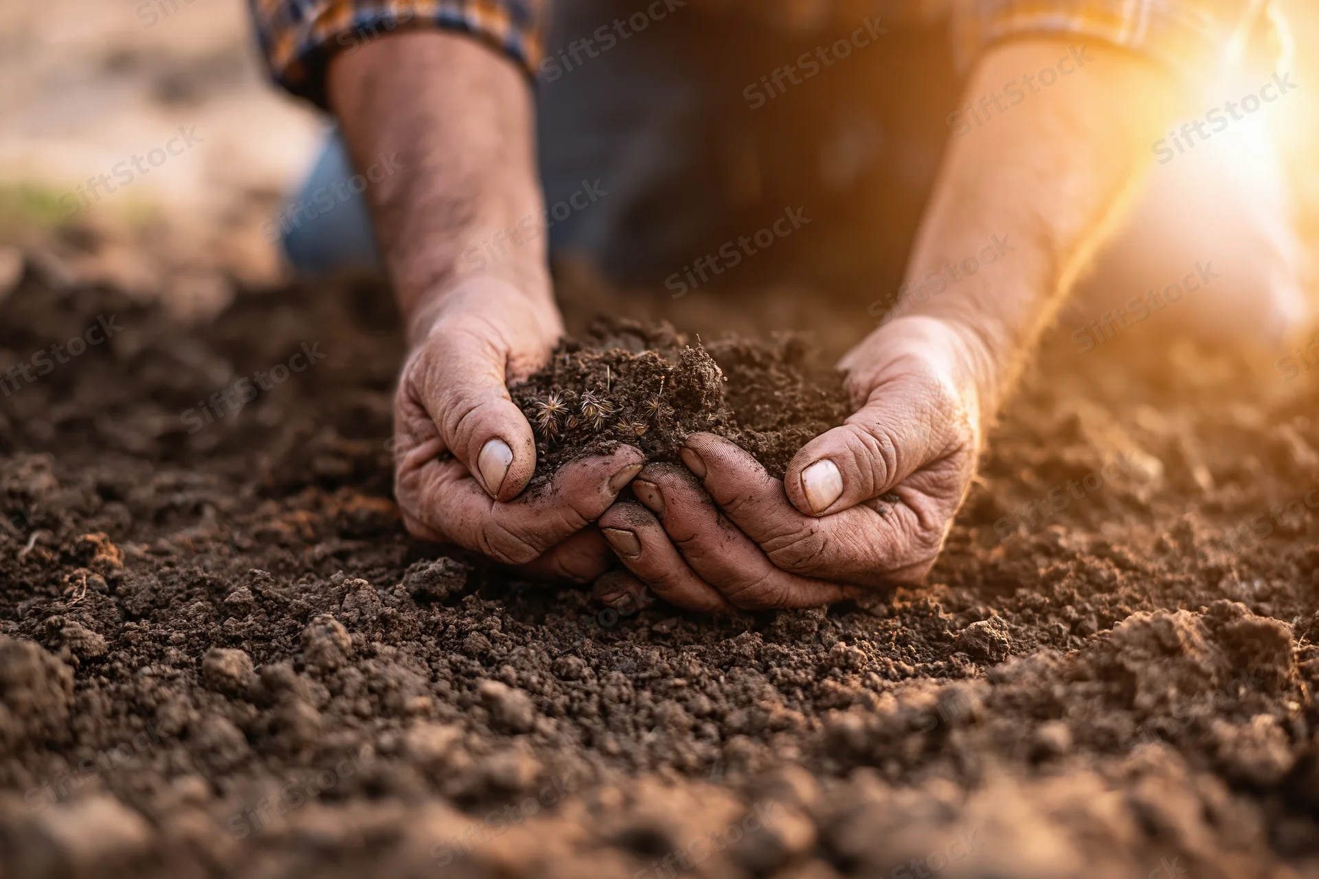 Weathered hands holding rich soil in a tilled field at golden hour