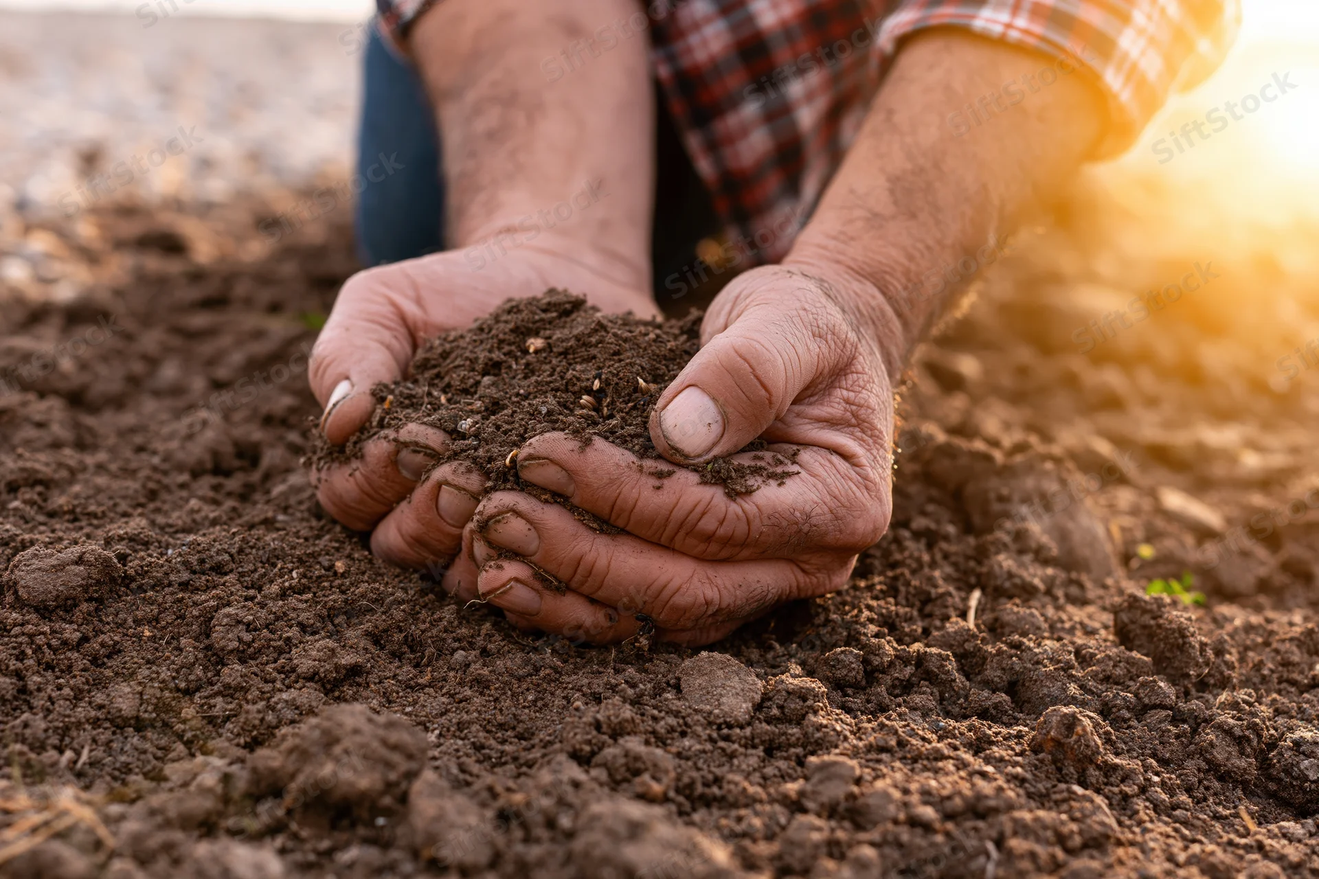 Weathered hands holding soil in a field at sunset