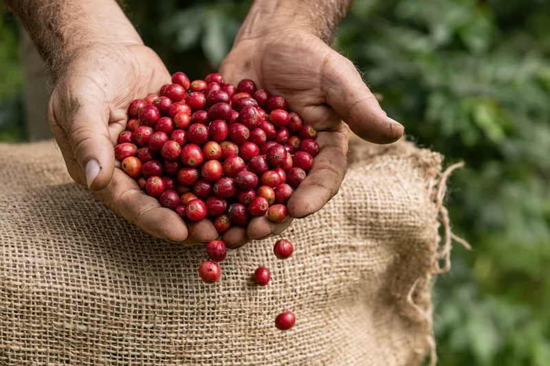 Weathered hands holding fresh red coffee cherries over a burlap sack in a green outdoor setting