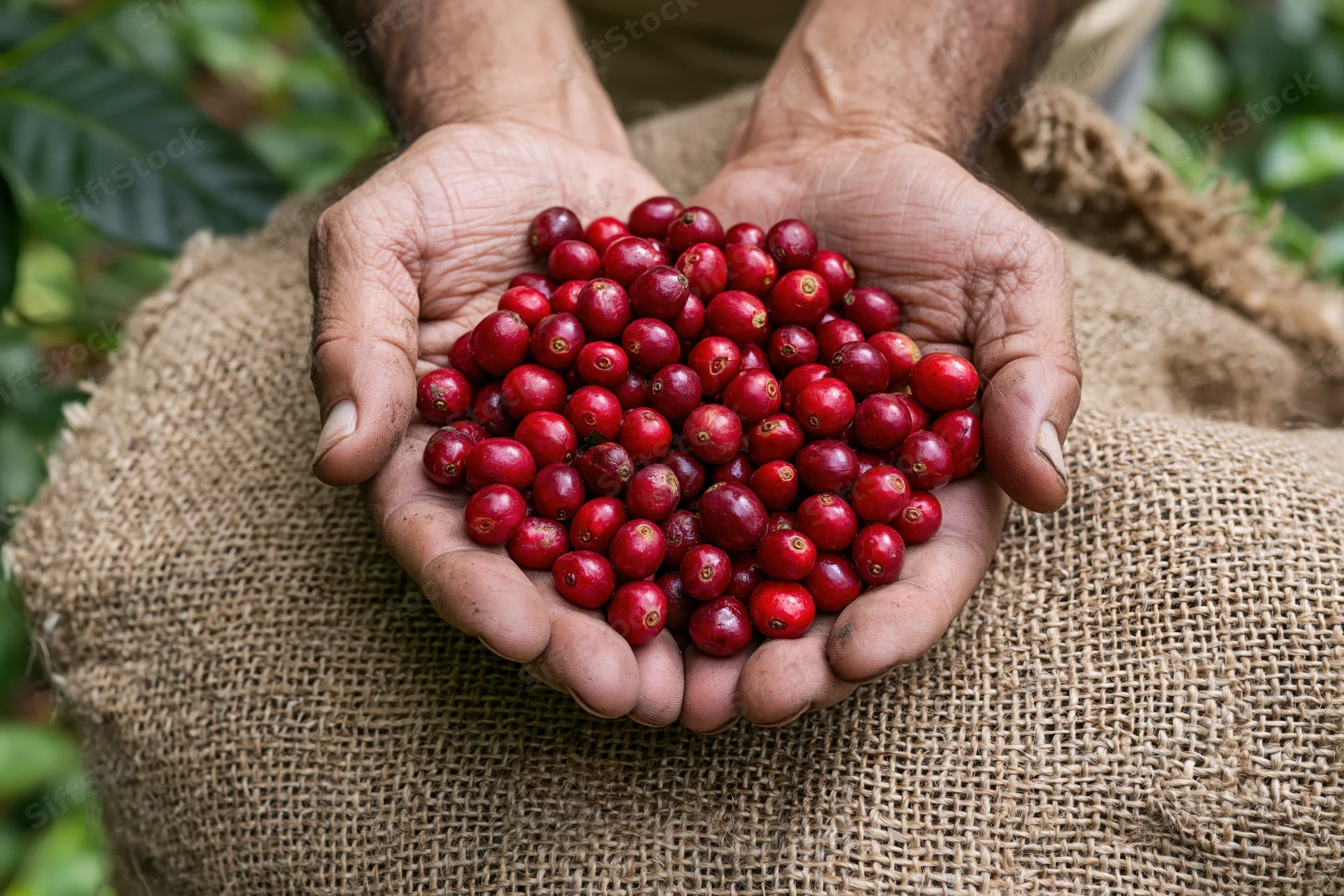Weathered hands holding red coffee cherries over a burlap sack in a farm setting