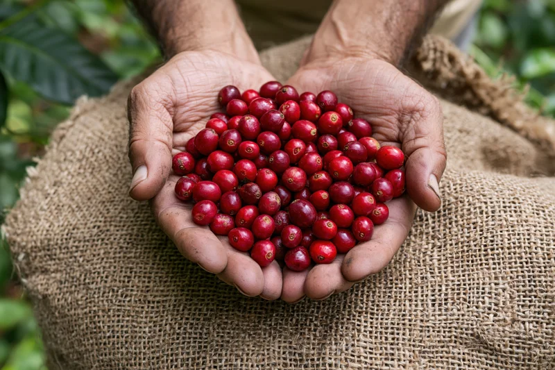 Weathered hands holding red coffee cherries over a burlap sack in a farm setting
