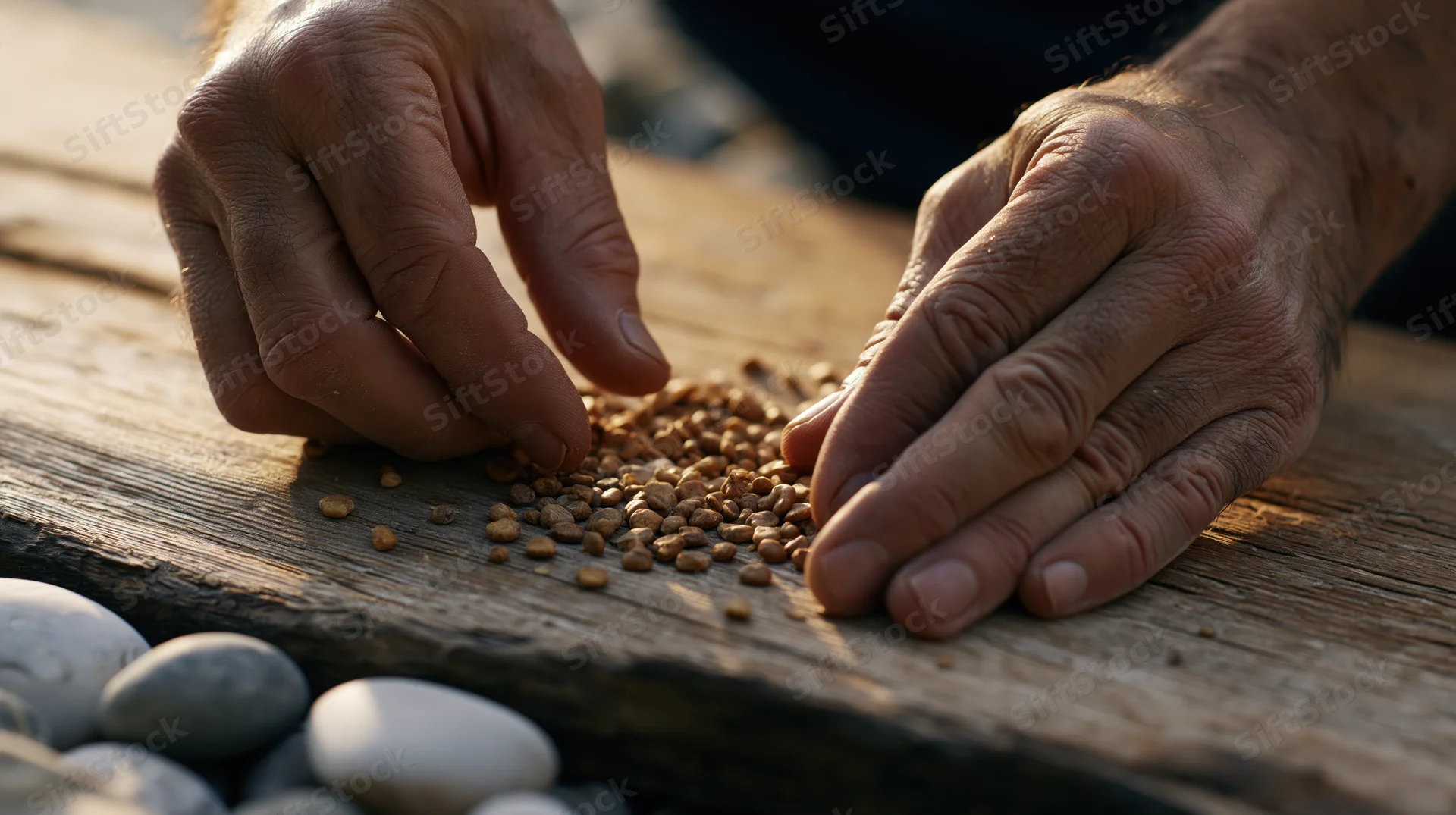 Weathered hands sorting coffee beans on a wooden surface outdoors in warm sunlight