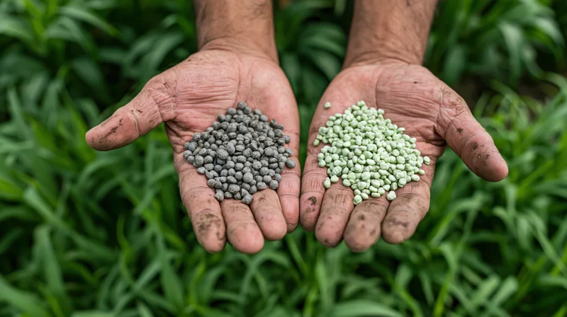 Weathered hands holding gray and green fertilizer pellets over a field of green plants