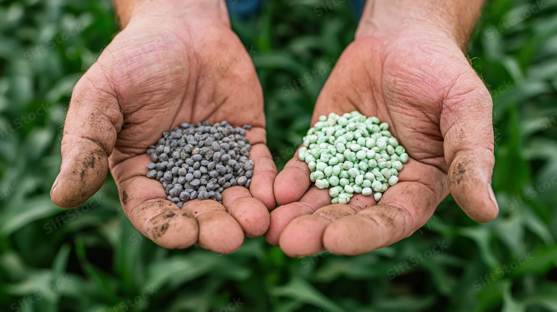 Weathered hands holding gray and green fertilizer granules over a field of crops