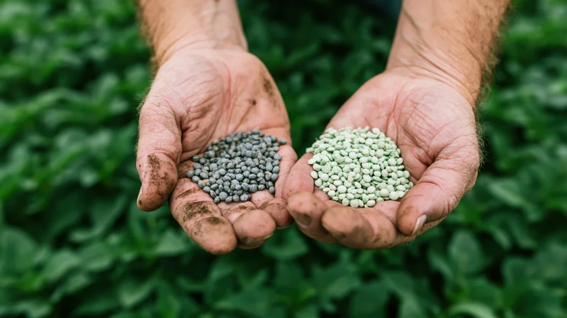 Weathered hands holding gray and green fertilizer pellets over a leafy field