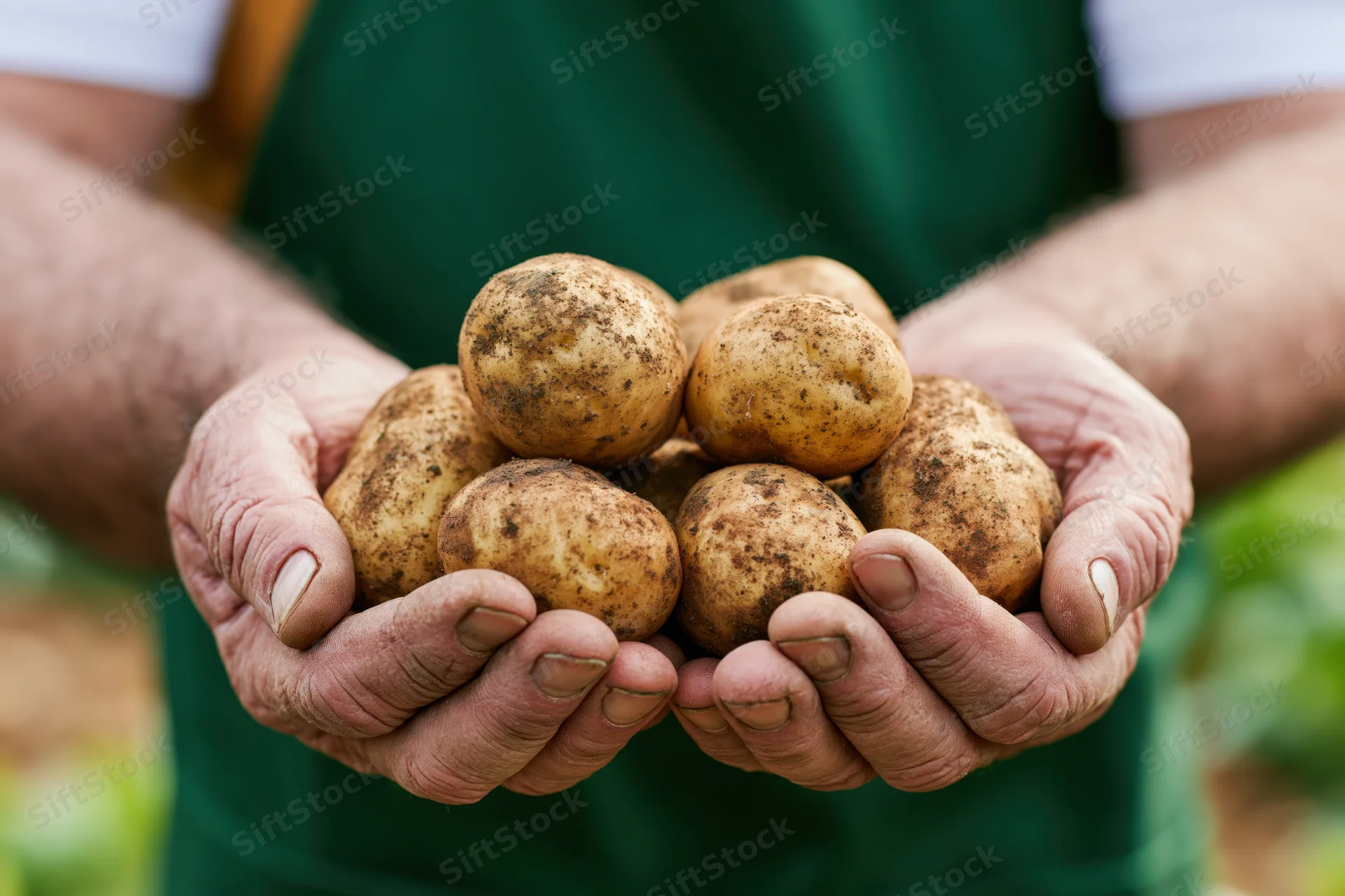 Weathered hands holding freshly harvested potatoes in a garden setting