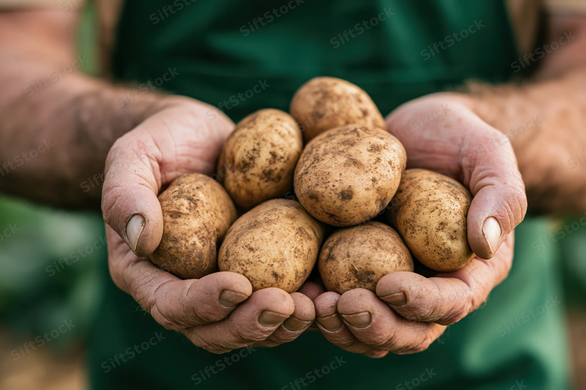 Weathered hands holding freshly harvested potatoes in a farm setting