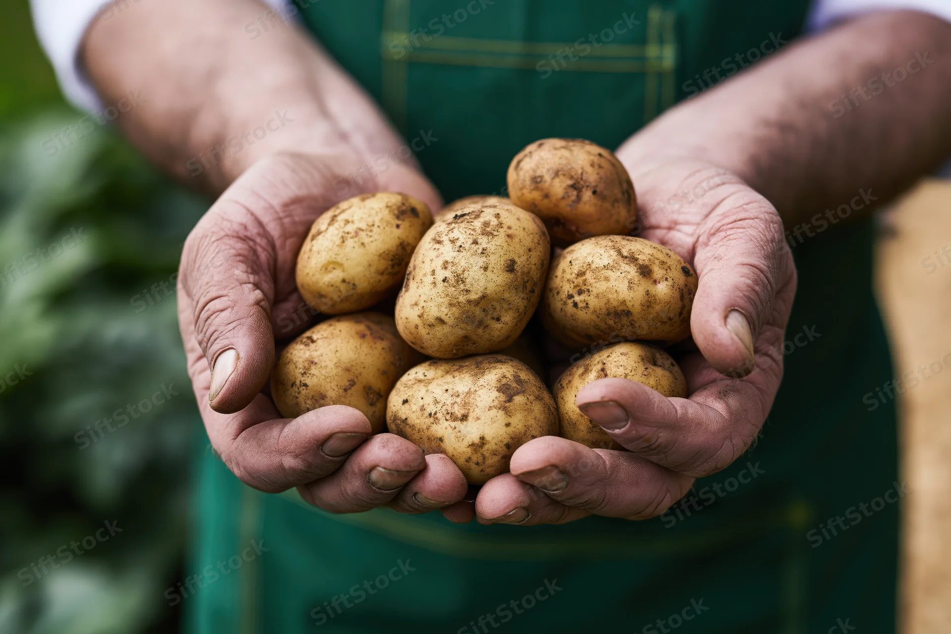 Weathered hands holding freshly harvested potatoes in a garden setting