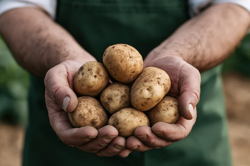 Weathered hands holding freshly harvested potatoes in a farm field