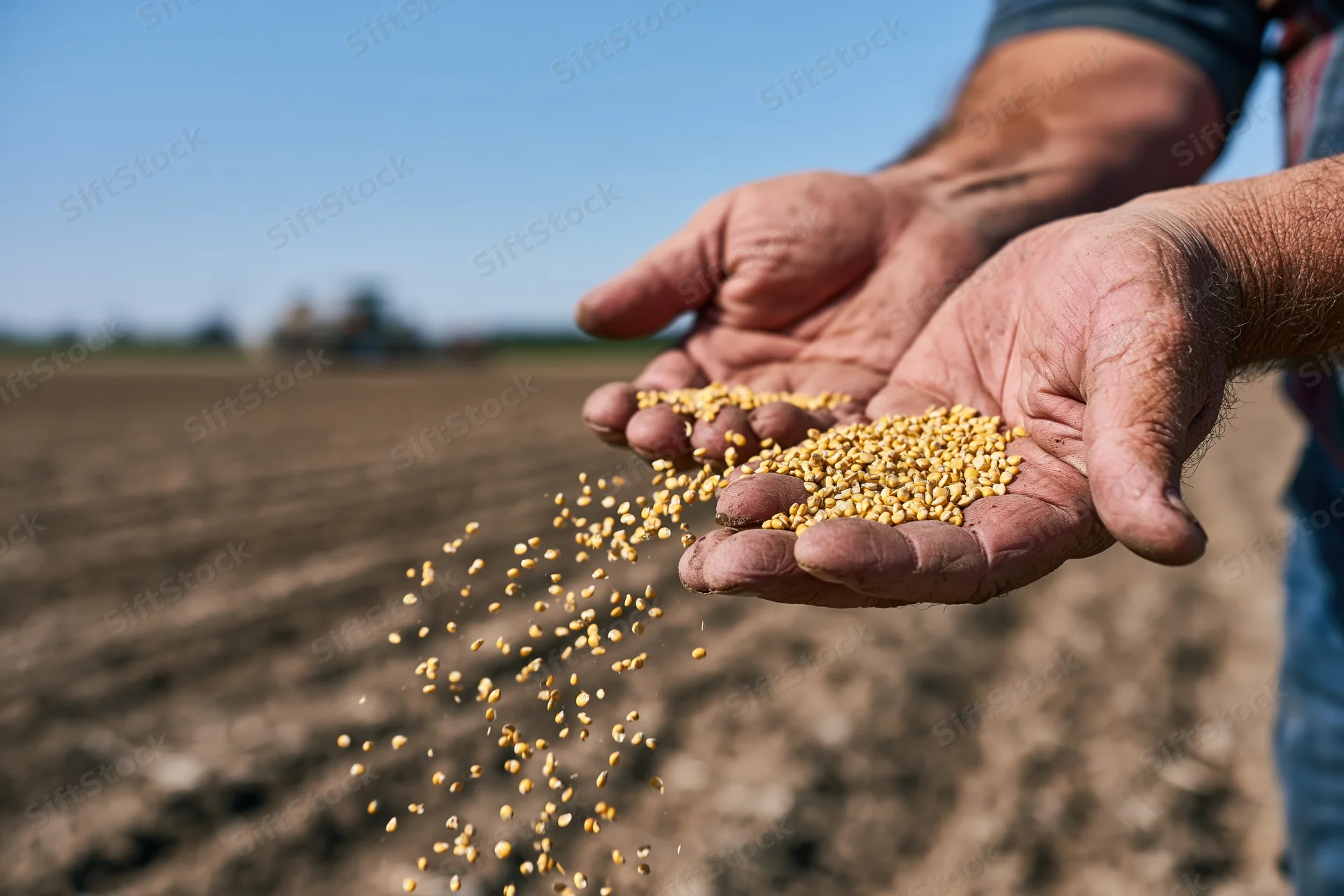 Weathered hands holding and scattering grain over a tilled field