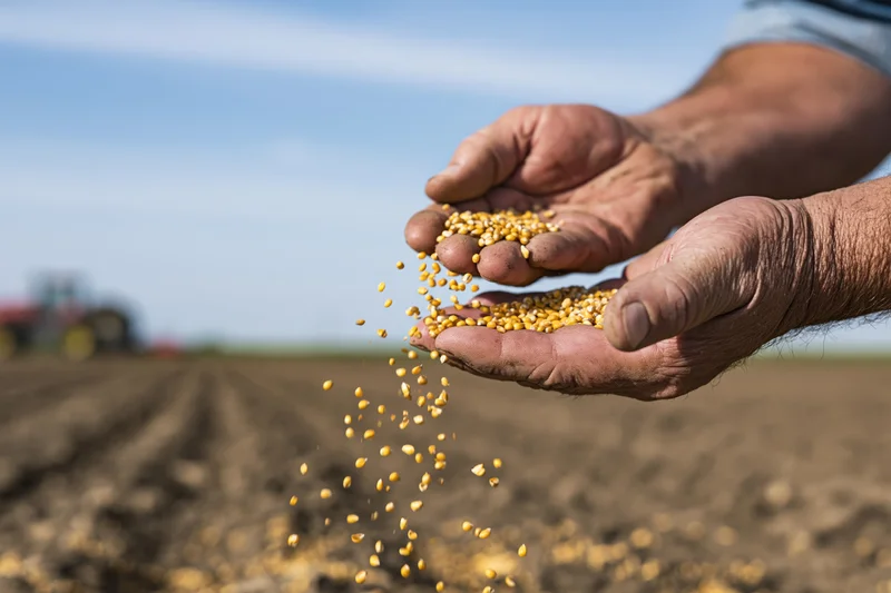 Weathered hands holding and sprinkling corn seeds over a tilled field with a tractor in the background