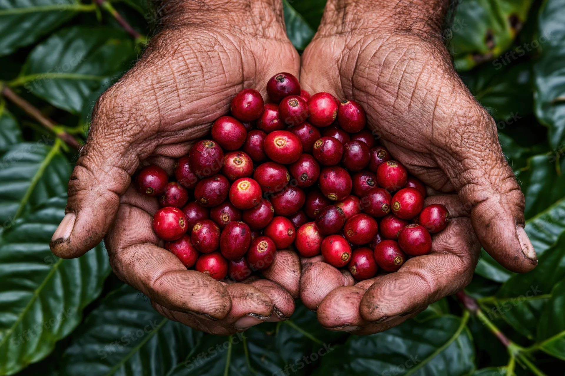 Weathered hands holding red coffee cherries against green leaves