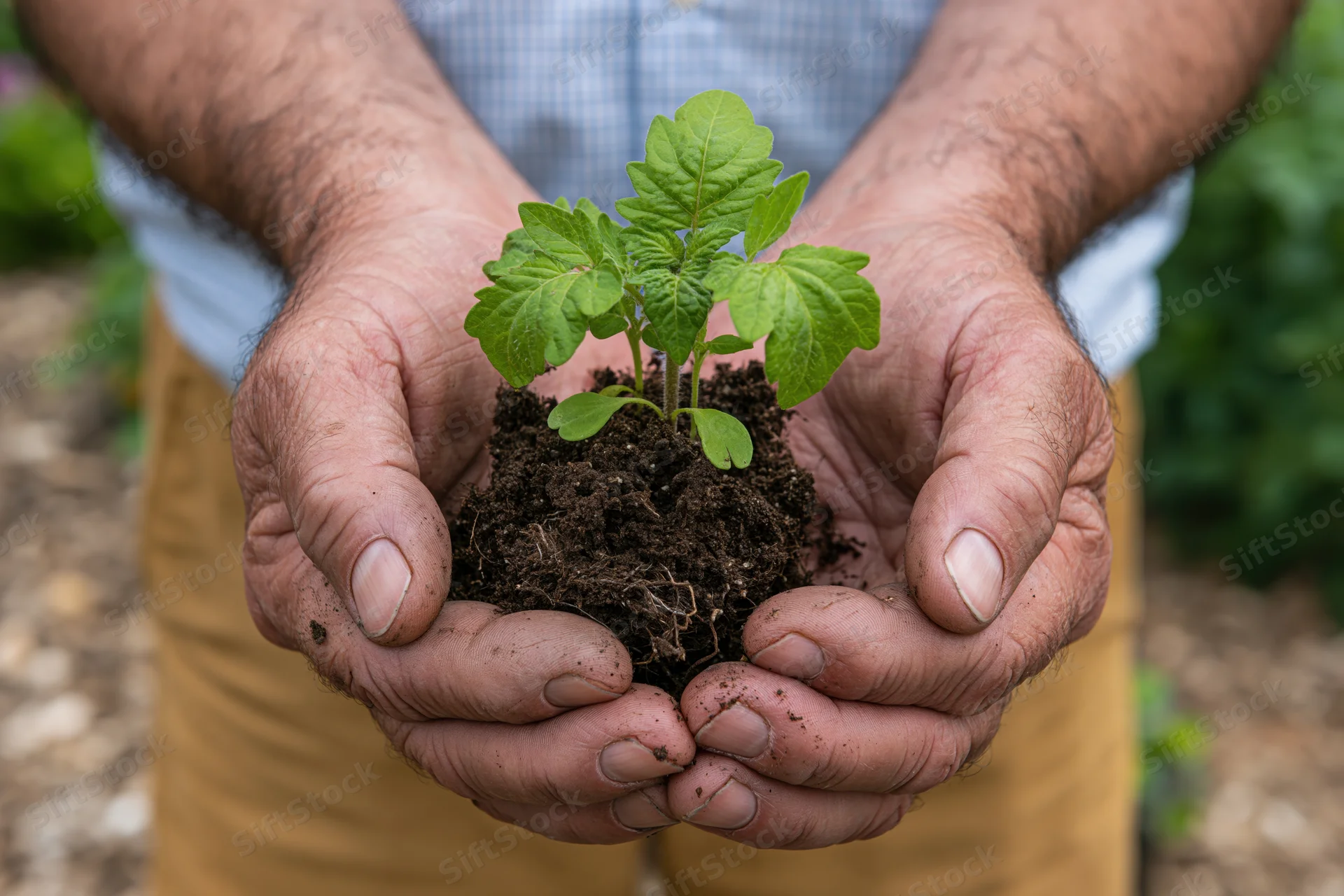 Weathered hands holding a small green plant with soil and roots in a garden setting
